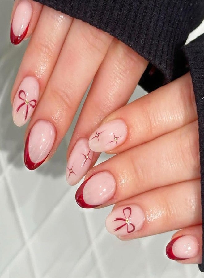 HJKDSFD Oval Press on Nails Short Fake Nails Red French Tip Glue on Nails Valentine False Nails with Bow and Star Designs Cute Glossy Acrylic Nail Holiday DIY for Women Stick on Nail 24Pcs - Image 1